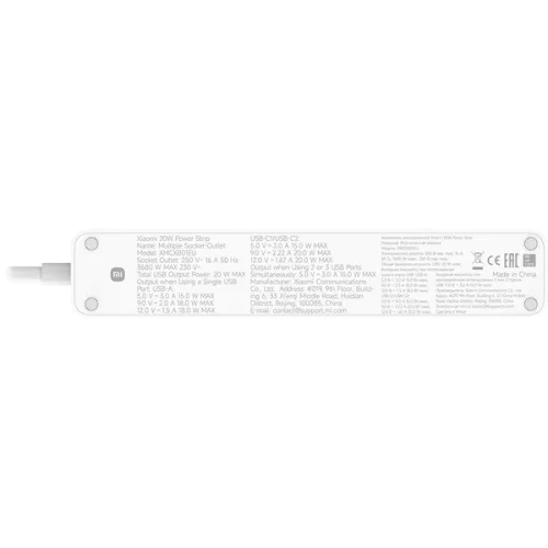 Xiaomi 20W Power Strip (2C1A) EU 1,4m biely prepínateľný napájací kábel