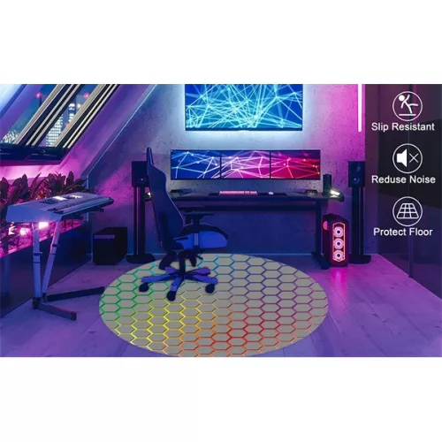 IRIS GAMER RAINBOW HEXAGON 120 cm Durchmesser, 2 mm dick, sechseckig gemusterte runde Bodenschutzmatte für Stühle