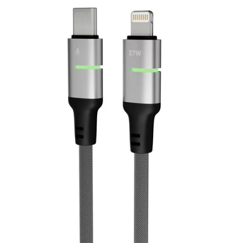 AVAX CB637 STEELY LED 3m 27W USB-C - Lightning čierny opletený rýchlonabíjací kábel