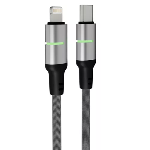 AVAX CB637 STEELY LED 3m 27W USB-C - Lightning čierny opletený rýchlonabíjací kábel
