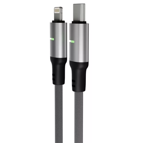 AVAX CB637 STEELY LED 3m 27W USB-C - Lightning čierny opletený rýchlonabíjací kábel