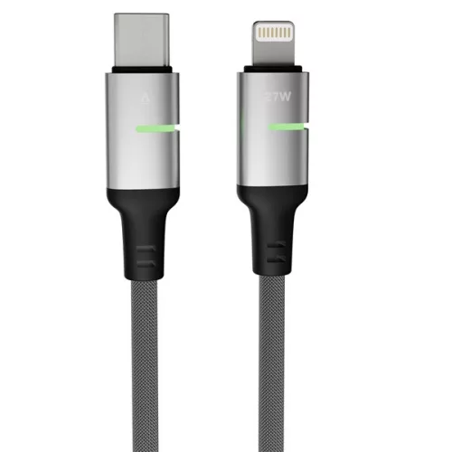 AVAX CB637 STEELY LED 3m 27W USB-C - Lightning čierny opletený rýchlonabíjací kábel