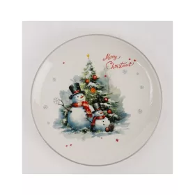   Farfurie ceramică IRIS, oameni de zăpadă în fața bradului de Crăciun, inscripție „Crăciun fericit” 25 cm