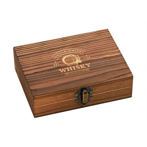 Geantă neagră de catifea WoMa, pensetă, set de 12 pietre de gheață premium pentru whisky din bazalt, în cutie de lemn