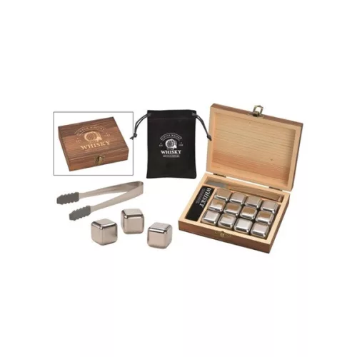 Set de 12 cuburi de gheață pentru whisky din oțel inoxidabil WoMa, în cutie de lemn, cu pungă de catifea neagră și pensetă
