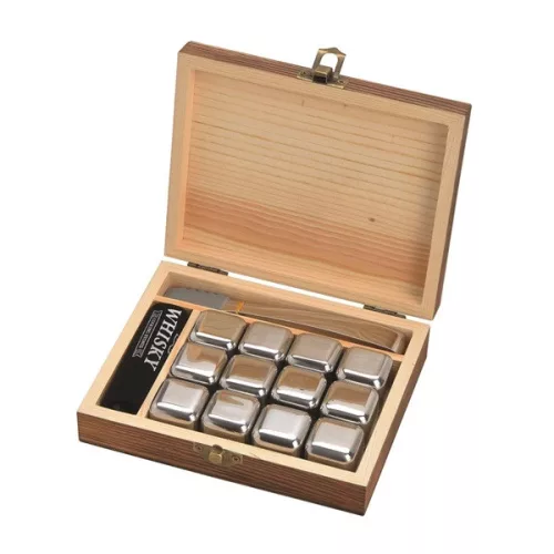 Set de 12 cuburi de gheață pentru whisky din oțel inoxidabil WoMa, în cutie de lemn, cu pungă de catifea neagră și pensetă