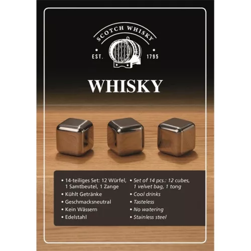 Set de 12 cuburi de gheață pentru whisky din oțel inoxidabil WoMa, în cutie de lemn, cu pungă de catifea neagră și pensetă