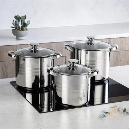 Set de vase de gătit premium TOO LP-7171 din oțel inoxidabil, 6 piese, 4,3 litri + 5,6 litri + 7,2 litri oală/tigaie + capace