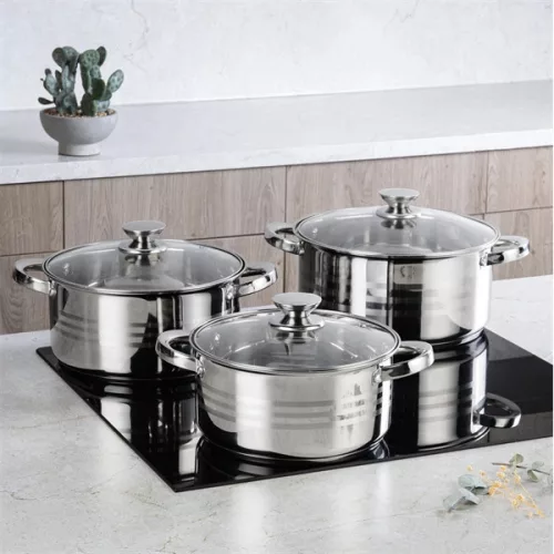Set de vase de gătit premium TOO LP-7172 din oțel inoxidabil, 6 piese, 2,3 litri + 4,2 litri + 5,8 litri oală/tigaie + capace