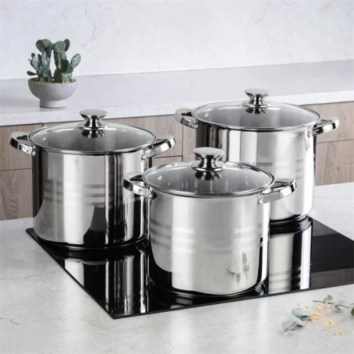 Set de vase de gătit premium TOO LP-7173 din oțel inoxidabil, 6 piese, 9 litri + 11,1 litri + 17,5 litri oală/tigaie + capace
