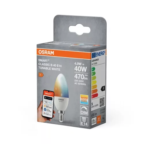 Sviečková žiarovka Osram SMART+ MATTER B40, nastaviteľná teplota farby, 2700K, matná, svetelný zdroj E14