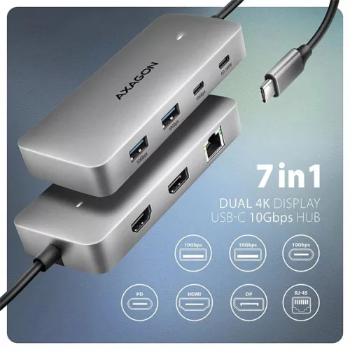 Axagon HMC-CUB83X2 USB-C 10Gbps DVOJITÝ 4K DISPLEJ 7v1 hub