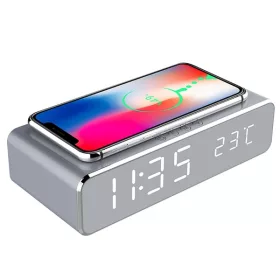   IRIS DC-120-S-Qi 15W Qi vezeték nélküli töltővel, hőmérséklet kijelzéssel, ébresztő funkcióval ezüst digitális óra