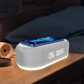   IRIS DC-120-W-Q 15W Qi vezeték nélküli töltővel, hőmérséklet kijelzéssel, ébresztő funkcióval fehér digitális óra