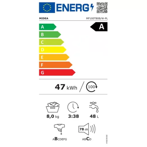 Práčka Midea MF100T80B/W-HR biela, plnenie zhora, max. 1300 ot./min., 8 kg