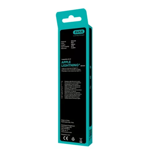 AVAX CB3312 27W USB-C – Lightning gyorstöltő szilikon kábel, 1.5 m, rózsaszín