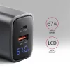 Axagon ACU-PQ67D PD3.0 & QC4+ 2× OUTPUTS, LCD kijelzővel és két kimenettel (USB-A + USB-C) 67W GaN hálózati töltő