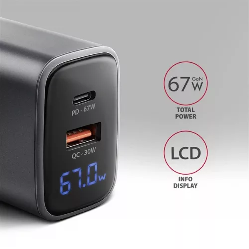 Axagon ACU-PQ67D PD3.0 & QC4+ 2× OUTPUTS, LCD kijelzővel és két kimenettel (USB-A + USB-C) 67W GaN hálózati töltő