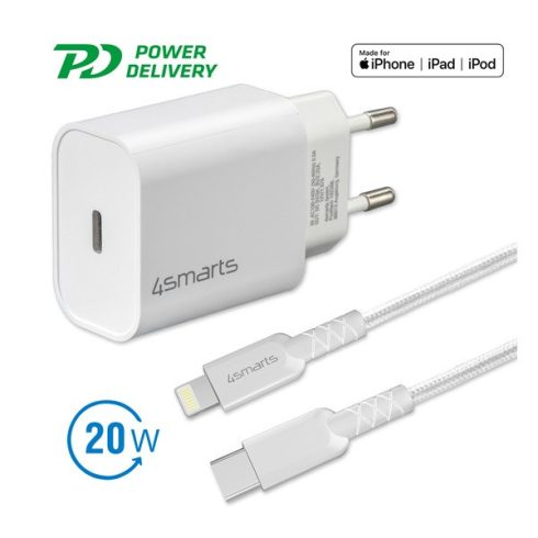 4smarts hálózati gyorstöltő adapter USB-C QC 3.0 + 1.5m Lightning kábel, MFi tanúsítvánnyal, 20W, fehér