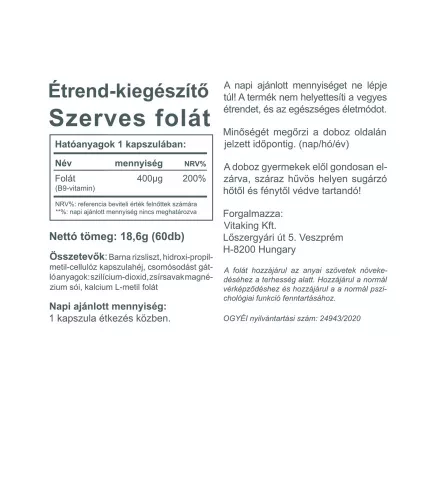 Vitaking Folat – Vitamin B9 400 µg (60) Kapseln, organisches Folat