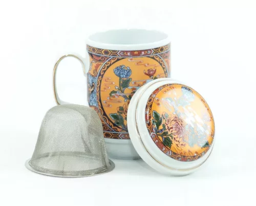 Porzellan-Teetasse „BIG TEA“, 330 ml, mit 4 verschiedenen Mustern, Deckel mit Rand und Metallfilter.