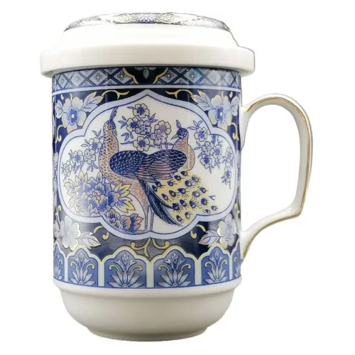 Porzellan-Teetasse „BIG TEA“, 330 ml, mit 4 verschiedenen Mustern, Deckel mit Rand und Metallfilter.