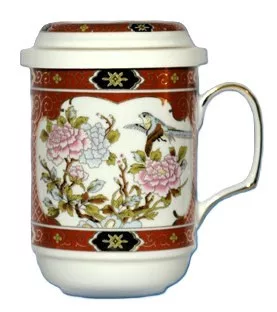 Porzellan-Teetasse „BIG TEA“, 330 ml, mit 4 verschiedenen Mustern, Deckel mit Rand und Metallfilter.