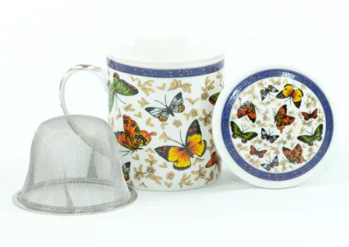Porzellan-Teetasse 260 ml SEPTUM mit 3 Mustern, flachem Deckel und Metallfilter