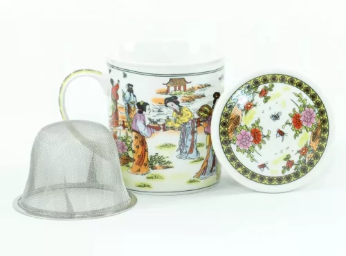 Porzellan-Teetasse 260 ml SEPTUM mit 3 Mustern, flachem Deckel und Metallfilter