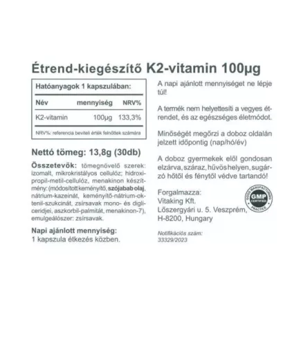 Vitaking K2 Vitamin 100mcg (30) Kapseln