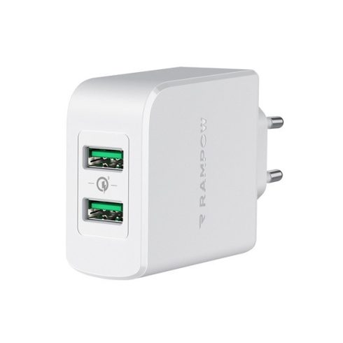 Rampow RBA16 hálózati gyorstöltő adapter 2xUSB-A QC, 39W, fehér