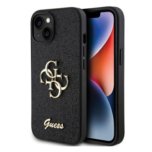 Guess Glitter Script Big 4G Apple iPhone 15 hátlap tok, fekete