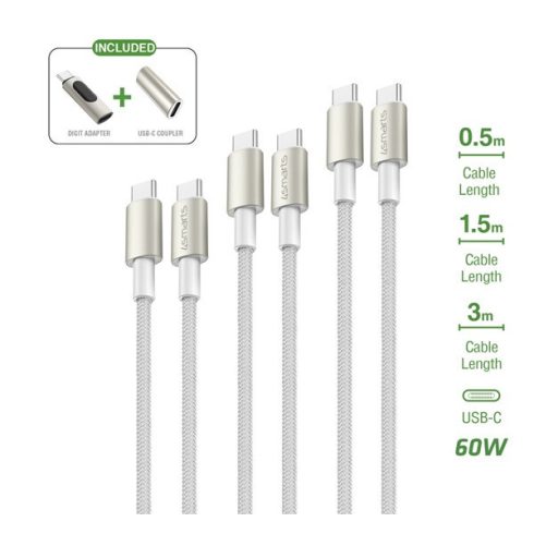 4smarts PremiumCord USB-C töltő- és adatkábel szett adapterrel, átalakítóval, 60W, 0.5+1.5+3M, fehér / ezüst