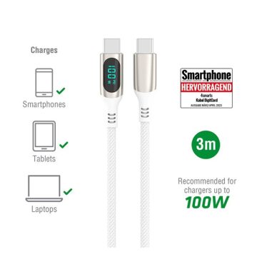   4smarts DigitCord USB / USB-C töltő- és adatkábel, 100W, 3m, fehér