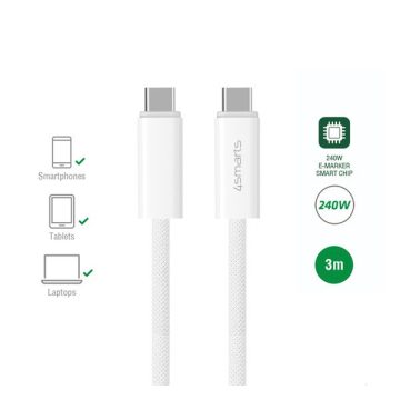   4smarts PremiumCord USB / USB-C töltő- és adatkábel, 240W, 3m, fehér