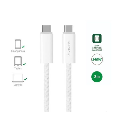 4smarts PremiumCord USB / USB-C töltő- és adatkábel, 240W, 3m, fehér