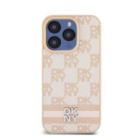DKNY PU Leather Checkered Pattern and Stripe iPhone 13 Pro hátlap tok, rózsaszín