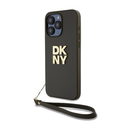DKNY PU Leather Stack Logo Apple iPhone 15 Pro Max hátlap tok csuklópánttal, barna