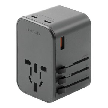   Energea Travelworld GaN65 4in1 1xUSB-A/ 2xUSB-C utazó gyorsöltő adapter, (PD-PPS-QC 3.0) 65W, szürke (US/UA/EU/UK)