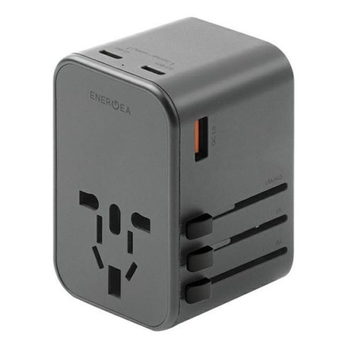 Energea Travelworld GaN65 4in1 1xUSB-A/ 2xUSB-C utazó gyorsöltő adapter, (PD-PPS-QC 3.0) 65W, szürke (US/UA/EU/UK)