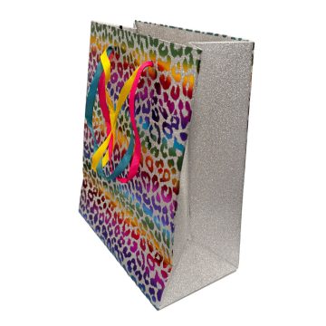   Színes Leopard csillámos papír ajándéktasak, ajándékzacskó 18x10x23 cm
