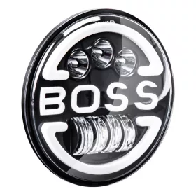   Prídavné LED svetlo pre terénne vozidlá, štvorkolky, SSV, s nápisom "BOSS" a funkciami: diaľkové svetlá, stretávacie svetlá, smerové svetlá, ukazovateľ polohy, napájanie 9 - 36V, priemer Ø170 mm