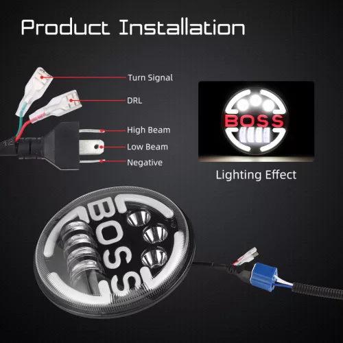 Lampa Suplimentara LED pentru Vehicule Off-Road, ATV, SSV, cu inscriptie "BOSS" si functii: Faza Lunga, Faza Scurta, Semnalizare, Pozitie, tensiune alimentare 9 - 36V, diametru Ø170 mm