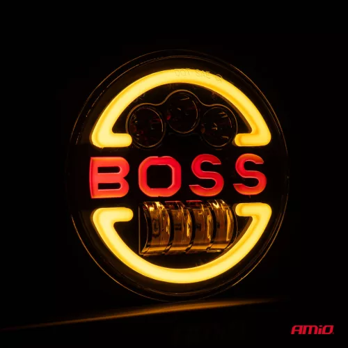 Lampa Suplimentara LED pentru Vehicule Off-Road, ATV, SSV, cu inscriptie "BOSS" si functii: Faza Lunga, Faza Scurta, Semnalizare, Pozitie, tensiune alimentare 9 - 36V, diametru Ø170 mm