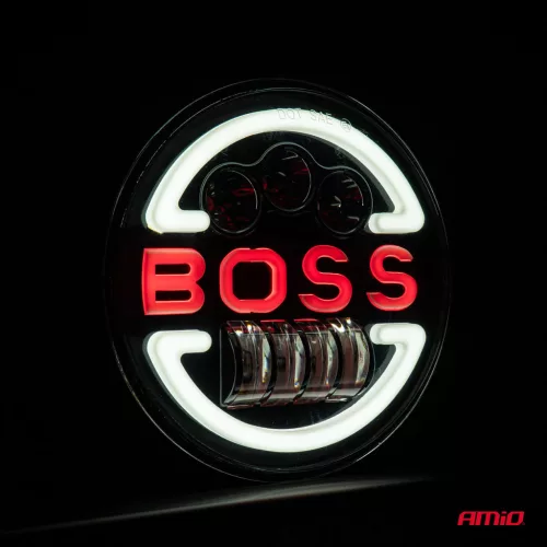 Lampa Suplimentara LED pentru Vehicule Off-Road, ATV, SSV, cu inscriptie "BOSS" si functii: Faza Lunga, Faza Scurta, Semnalizare, Pozitie, tensiune alimentare 9 - 36V, diametru Ø170 mm