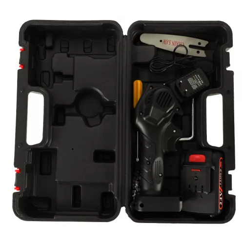 Mini ferastrau electric cu lant, baterie de 24V si valiza de transport