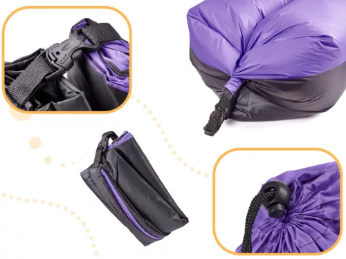 Saltea Autogonflabila "Lazy Bag" tip sezlong, 185 x 70cm, culoare Negru-Violet, pentru camping, plaja sau piscina