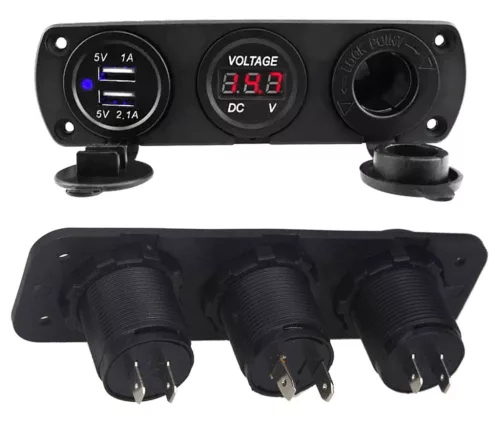 Vodotesná pomocná zásuvka pre terénne vozidlá, štvorkolky, SSV, napätie 12 V, 2 x USB a voltmeter