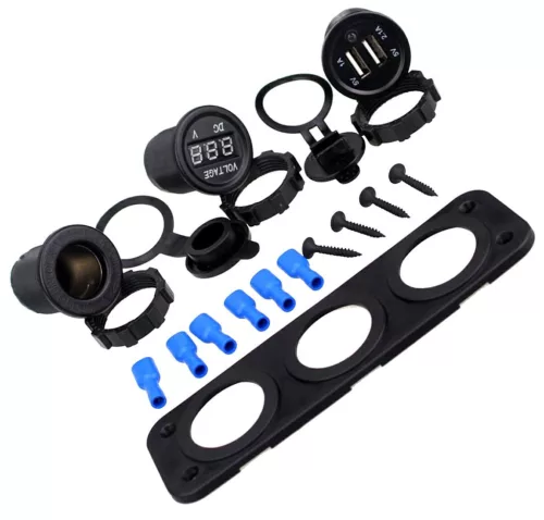 Vízálló kiegészítő aljzat terepjárókhoz, ATV-hez, SSV-hez, 12 V feszültség, 2 x USB és voltmérő