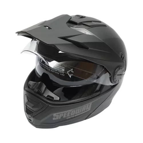 Casca motocross integrala, negru mat cu viziera transparenta si ochelari de soare marimea XL, model LION